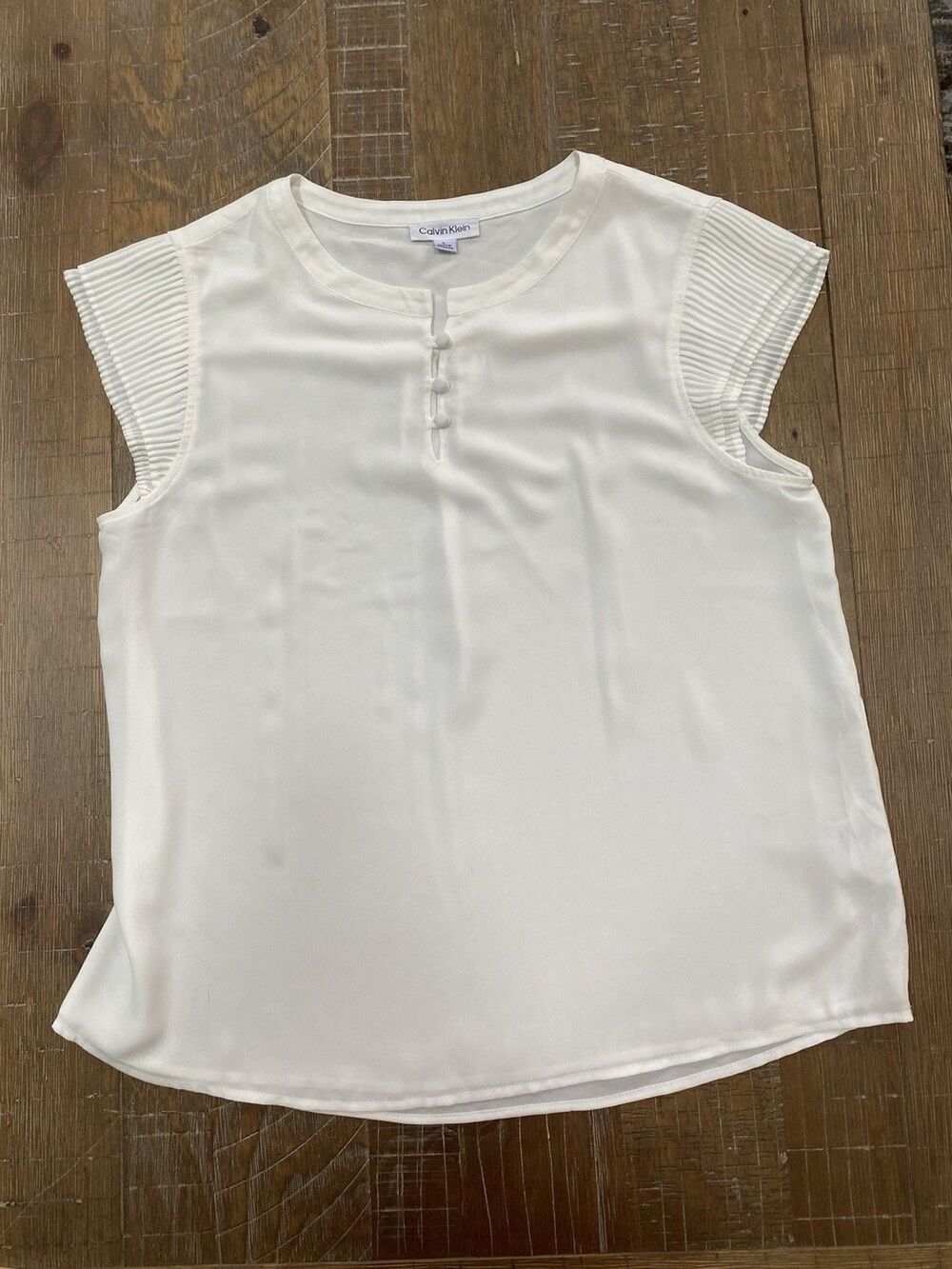 Calvin Klein Ivory Pleated Cap Sleeve Keyhole Blouse Top Women's Large